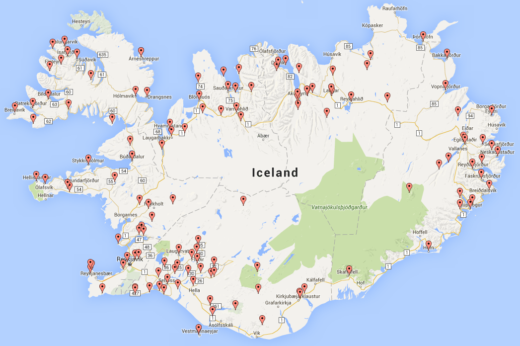 A map of all the Camping sites in Iceland