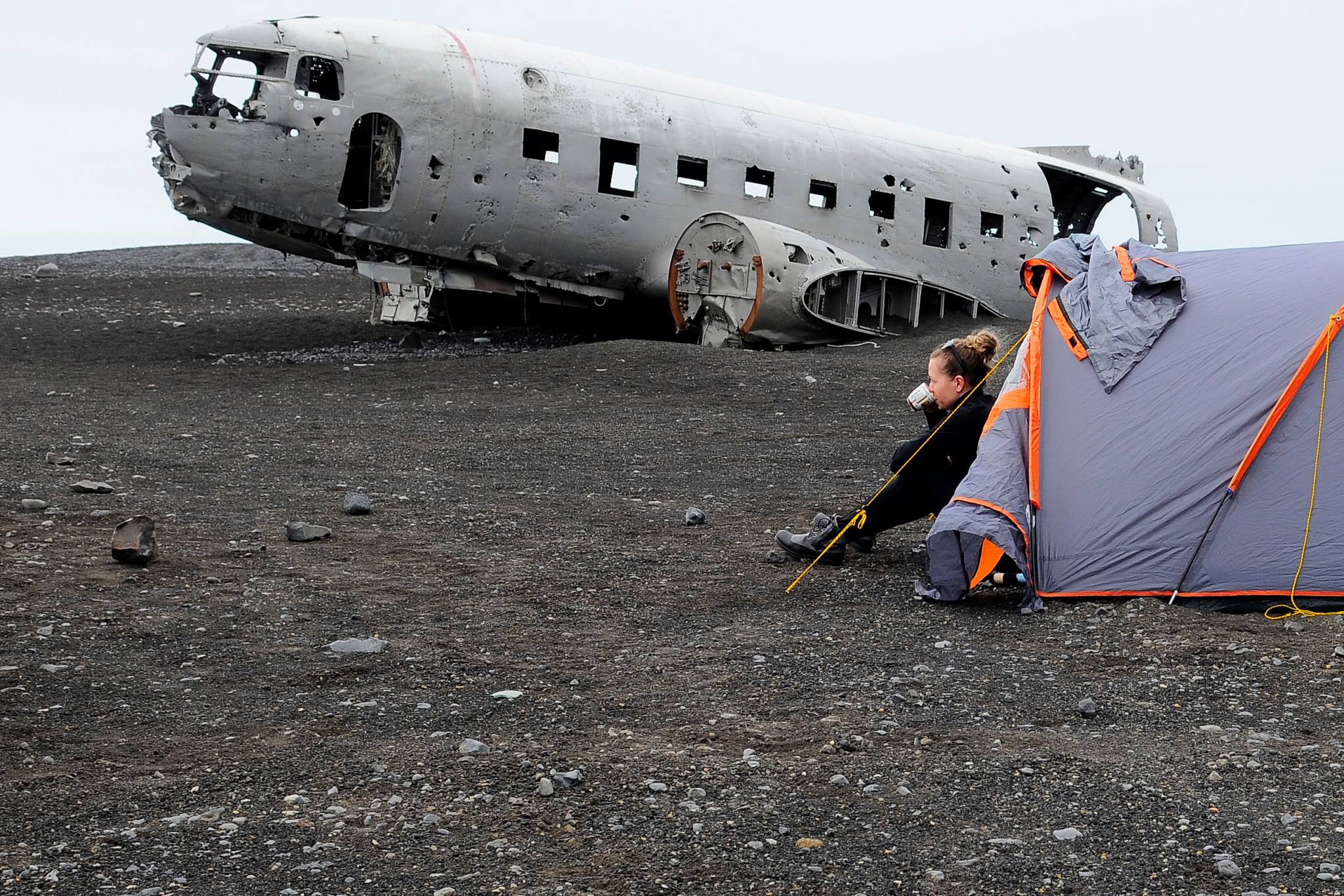 The crashed plane in Iceland. Lying on a black sand beach
