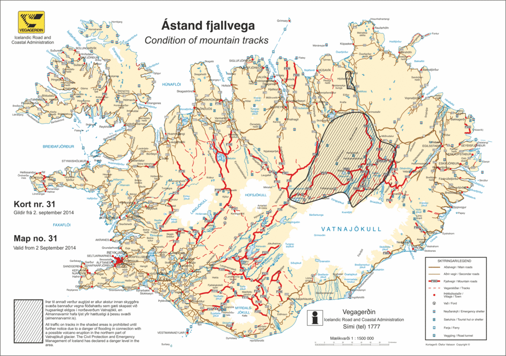 A map of the F-roads in Iceland